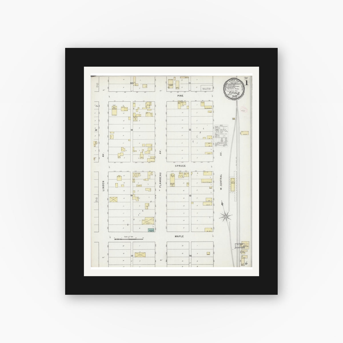 Old map wall art mockup — black gallery frame with white mat — Sanborn Fire Insurance Map from Fifield, Price County, Wisconsin (1894), Sheet #0001