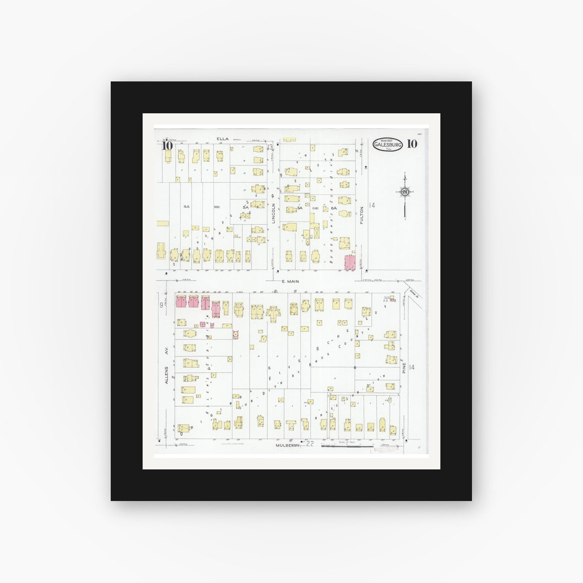 Old map wall art mockup — black gallery frame with white mat — Sanborn Fire Insurance Map from Galesburg, Knox County, Illinois (1927), Sheet #0010