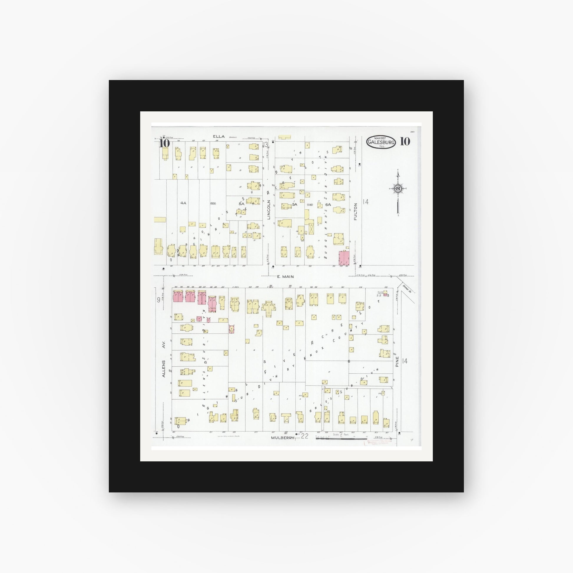 Old map wall art mockup — black gallery frame with white mat — Sanborn Fire Insurance Map from Galesburg, Knox County, Illinois (1927), Sheet #0010