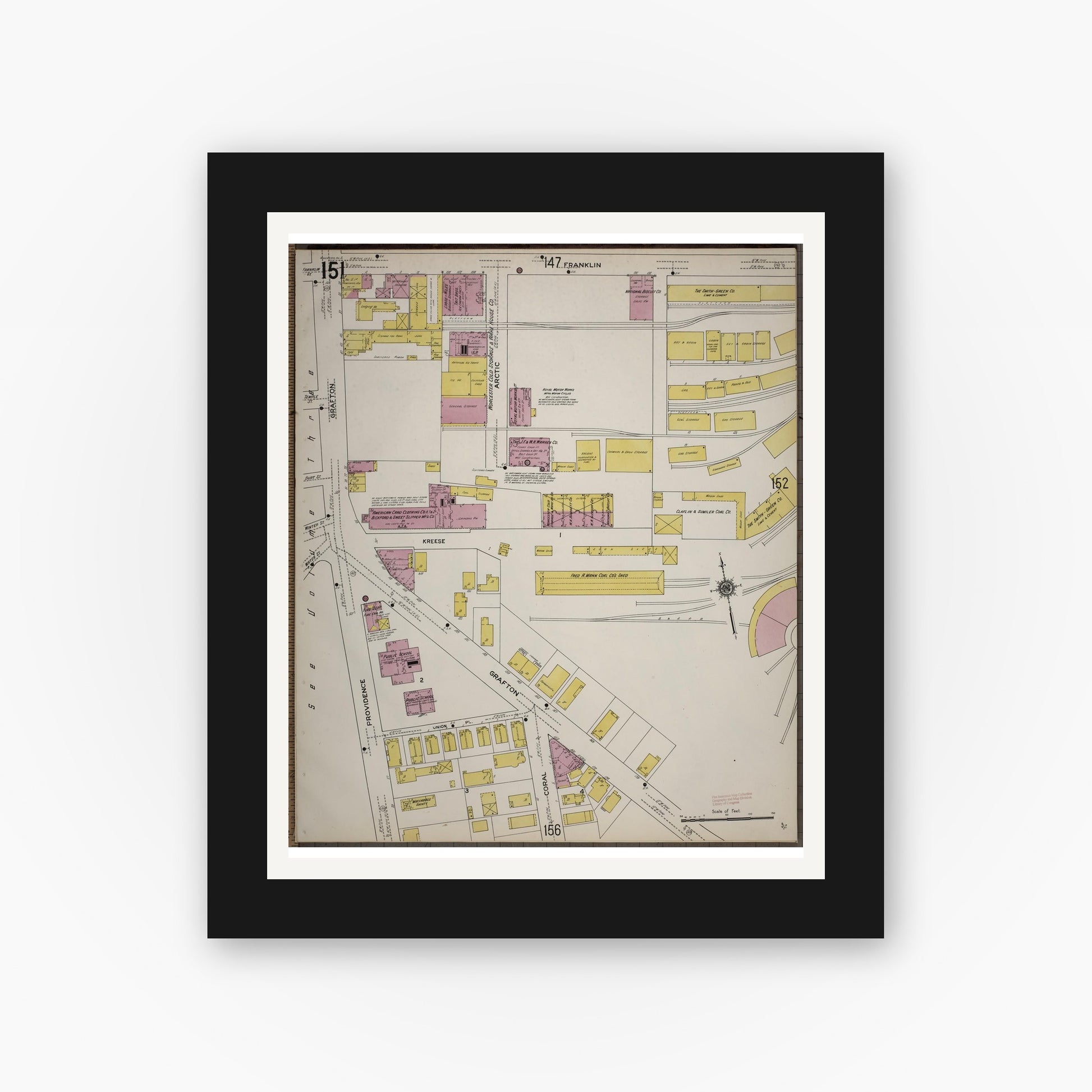 Old map wall art mockup — black gallery frame with white mat — Sanborn Fire Insurance Map from Worcester, Worcester County, Massachusetts (1910), Sheet #0151