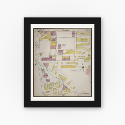 Old map wall art mockup — black gallery frame with white mat — Sanborn Fire Insurance Map from Worcester, Worcester County, Massachusetts (1910), Sheet #0151
