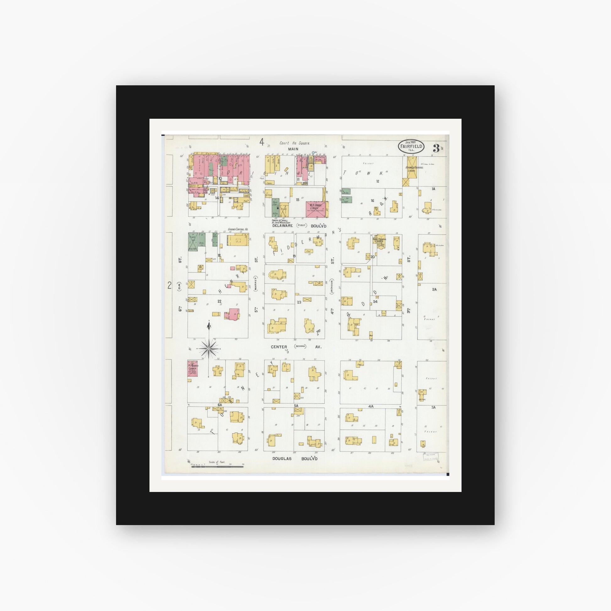 Old map wall art mockup — black gallery frame with white mat — Sanborn Fire Insurance Map from Fairfield, Wayne County, Illinois (1901), Sheet #0003