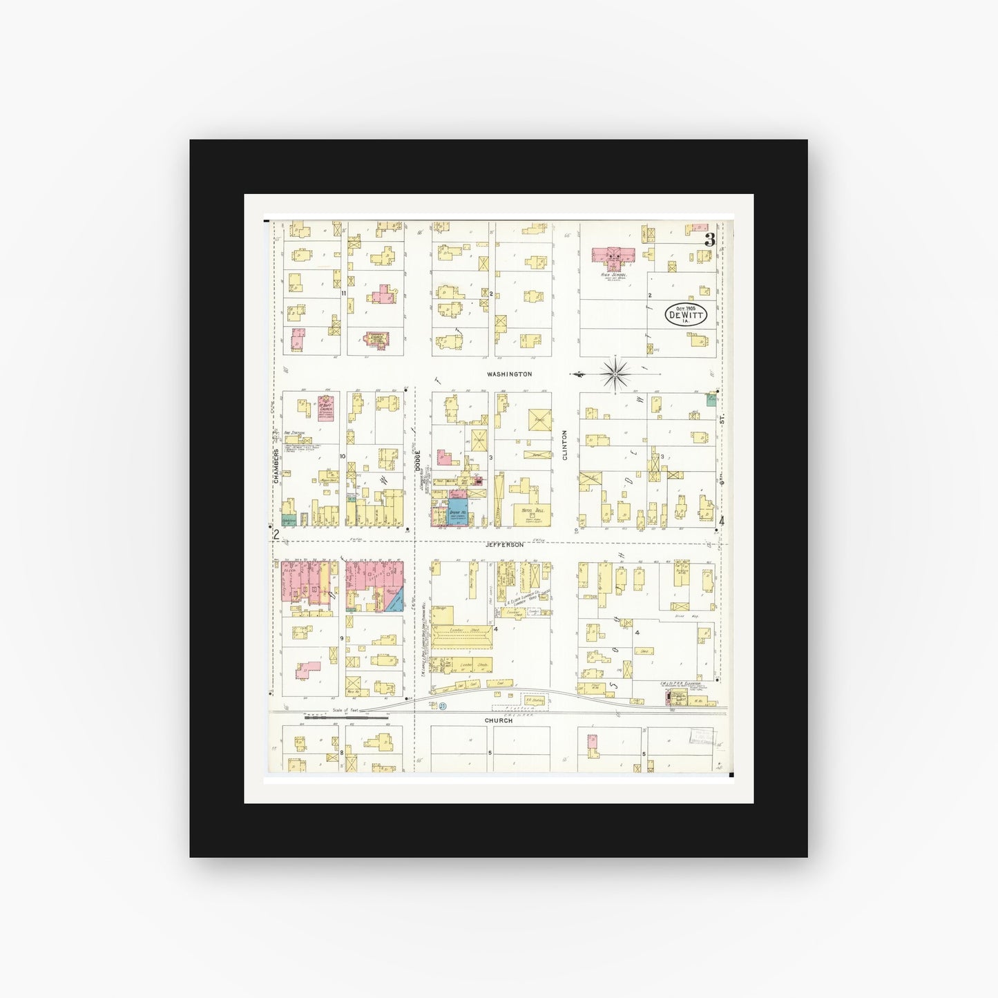 Old map wall art mockup — black gallery frame with white mat — Sanborn Fire Insurance Map from De Witt, Clinton County, Iowa (1905), Sheet #0003