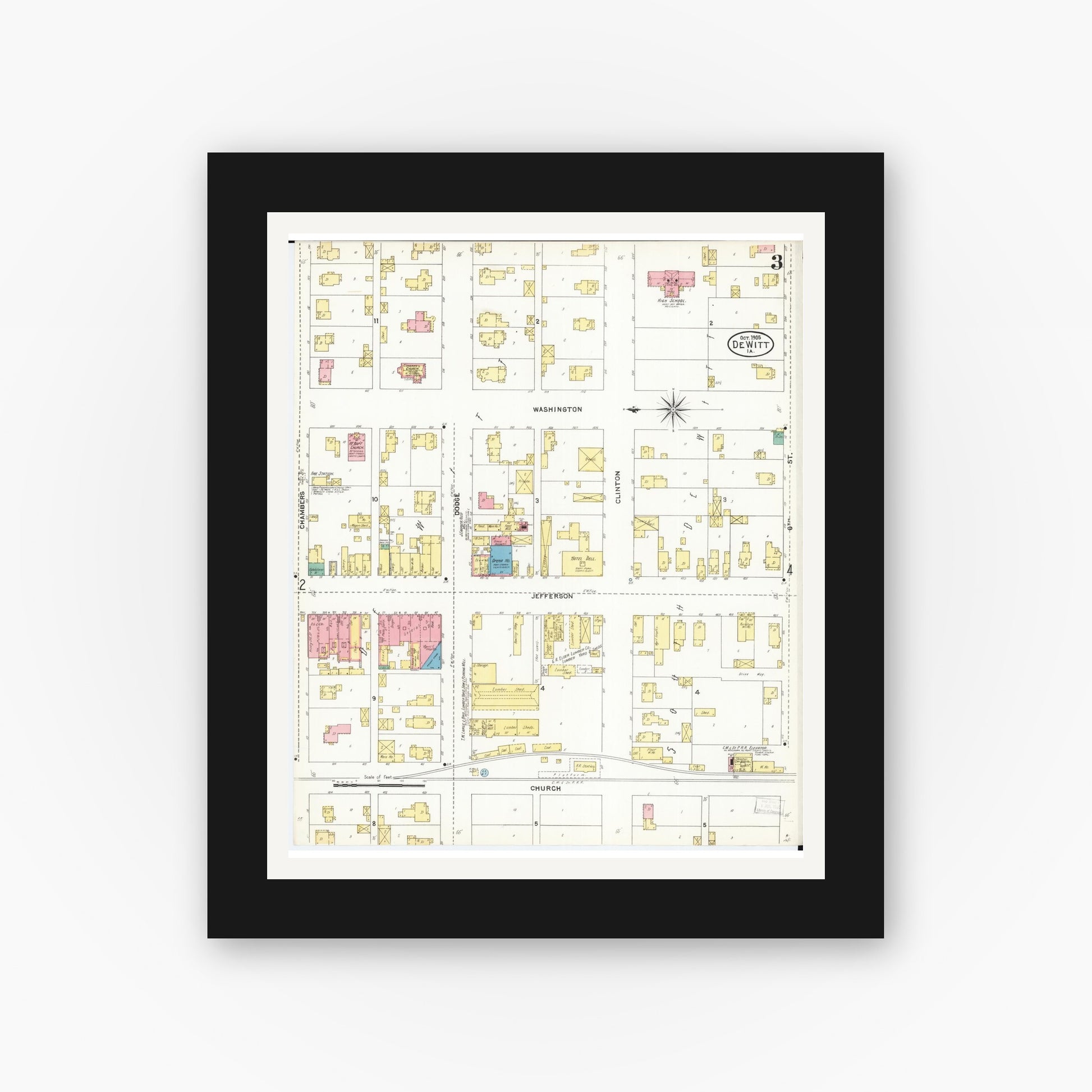 Old map wall art mockup — black gallery frame with white mat — Sanborn Fire Insurance Map from De Witt, Clinton County, Iowa (1905), Sheet #0003