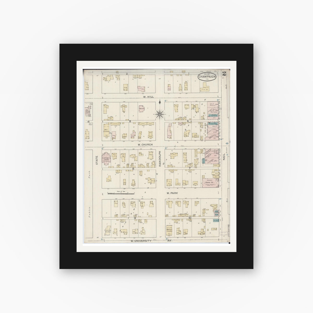 Old map wall art mockup — black gallery frame with white mat — Sanborn Fire Insurance Map from Champaign, Champaign County, Illinois (1887), Sheet #0002