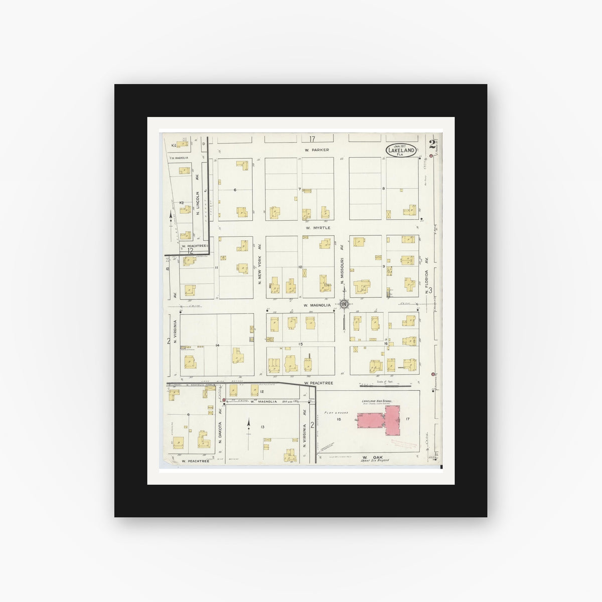 Old map wall art mockup — black gallery frame with white mat — Sanborn Fire Insurance Map from Lakeland, Polk County, Florida (1917), Sheet #0002