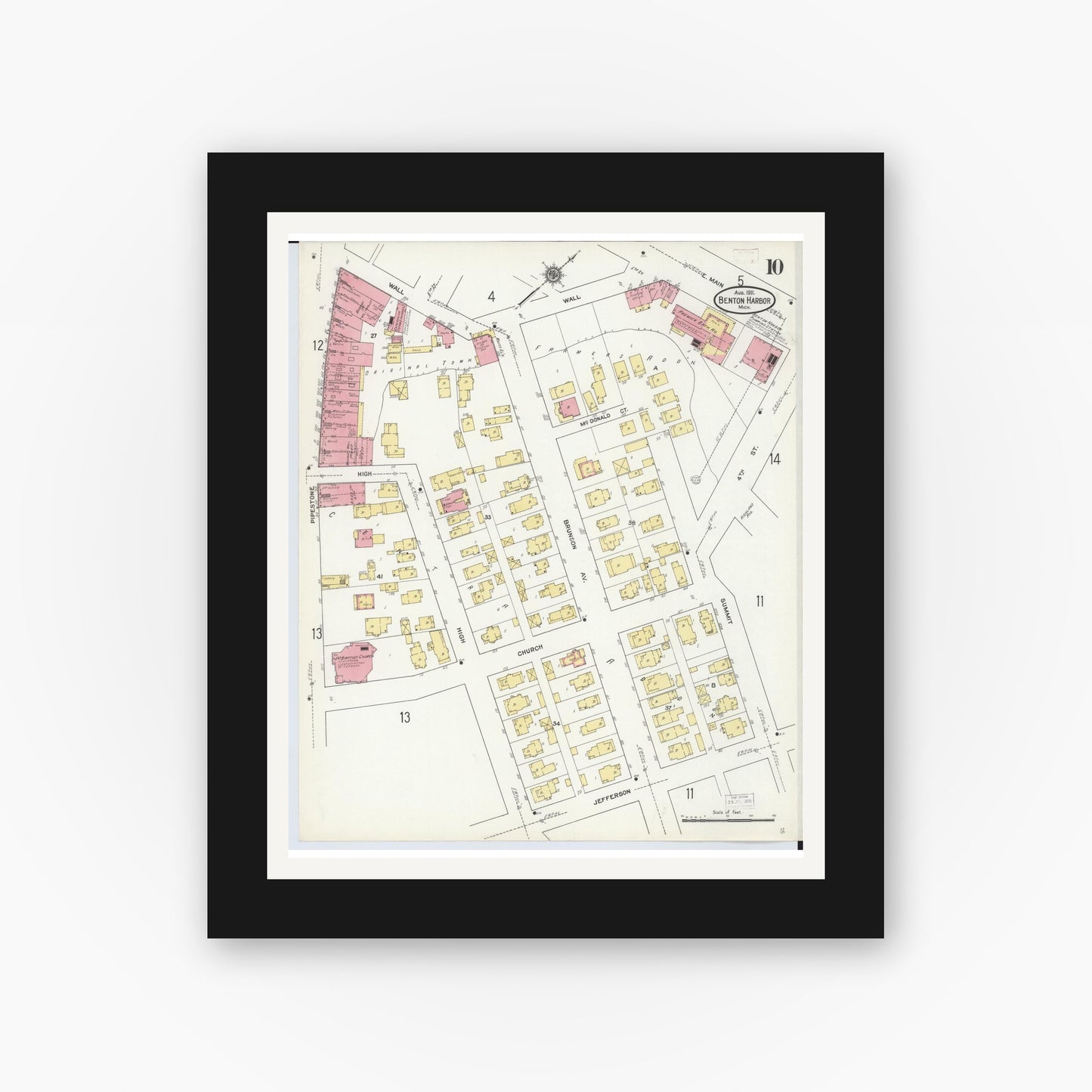 Old map wall art mockup — black gallery frame with white mat — Sanborn Fire Insurance Map from Benton Harbor, Berrien County, Michigan (1911), Sheet #0010