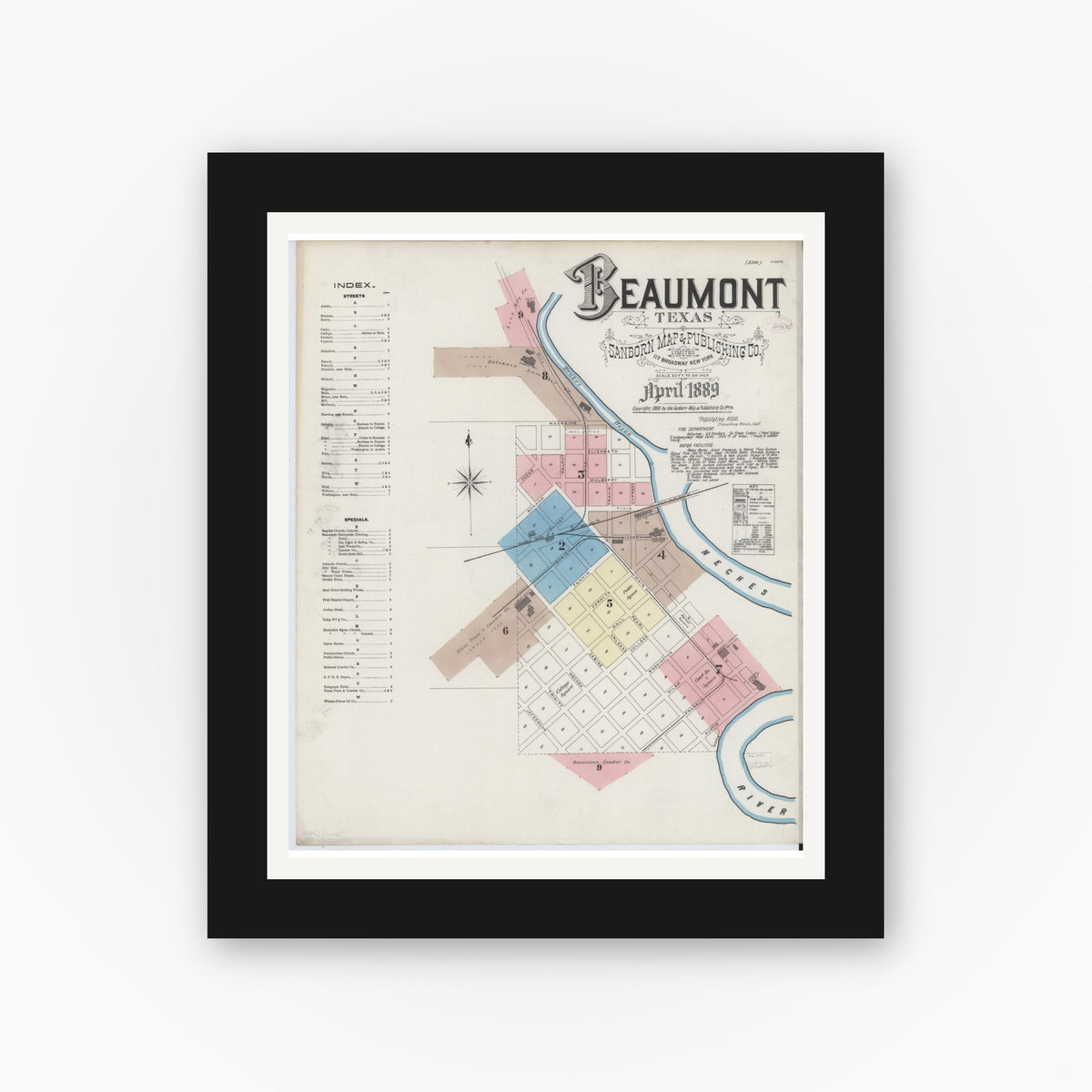 Old map wall art mockup — black gallery frame with white mat — Sanborn Fire Insurance Map from Beaumont, Jefferson County, Texas (1889), Sheet #0001