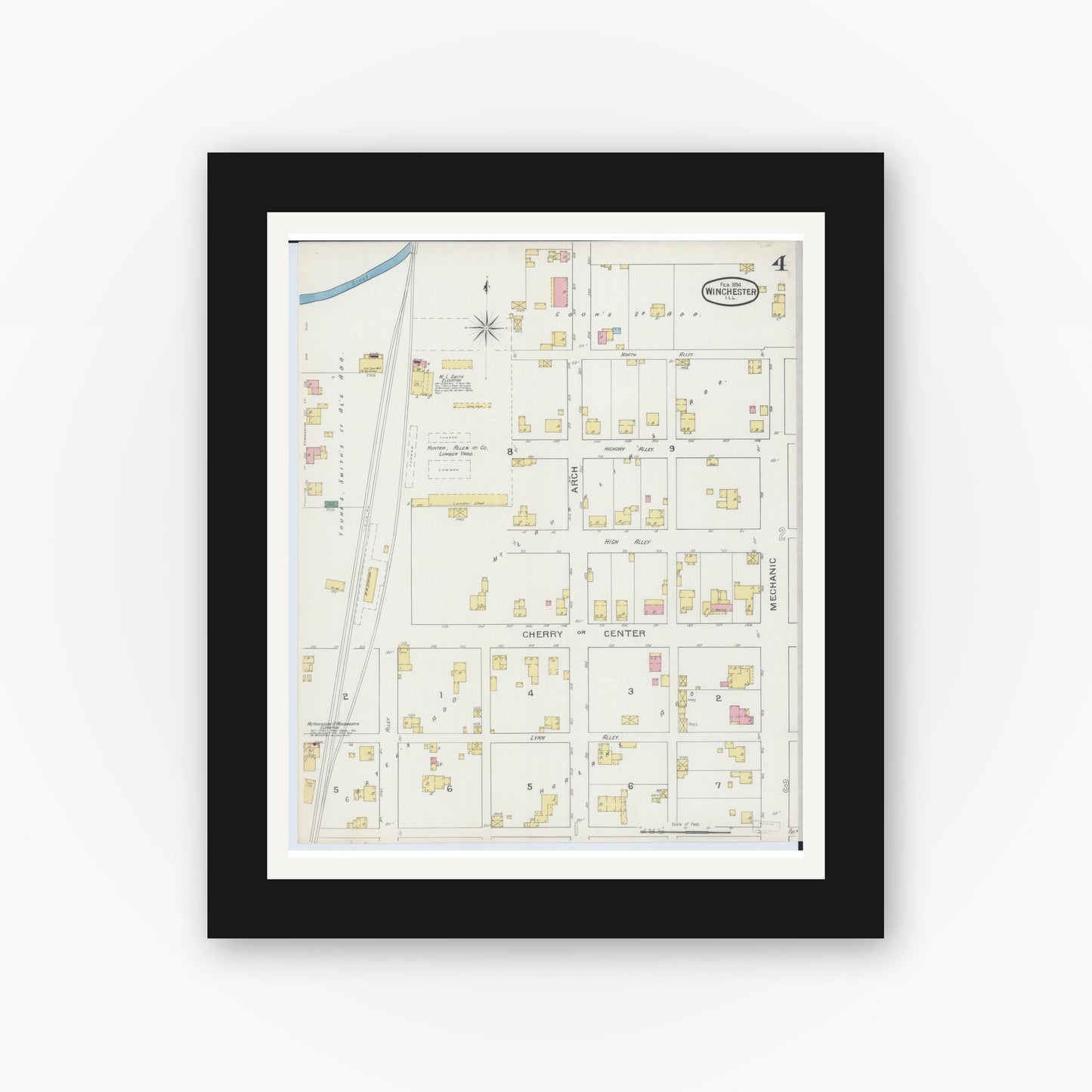 Old map wall art mockup — black gallery frame with white mat — Sanborn Fire Insurance Map from Winchester, Scott County, Illinois (1894), Sheet #0004