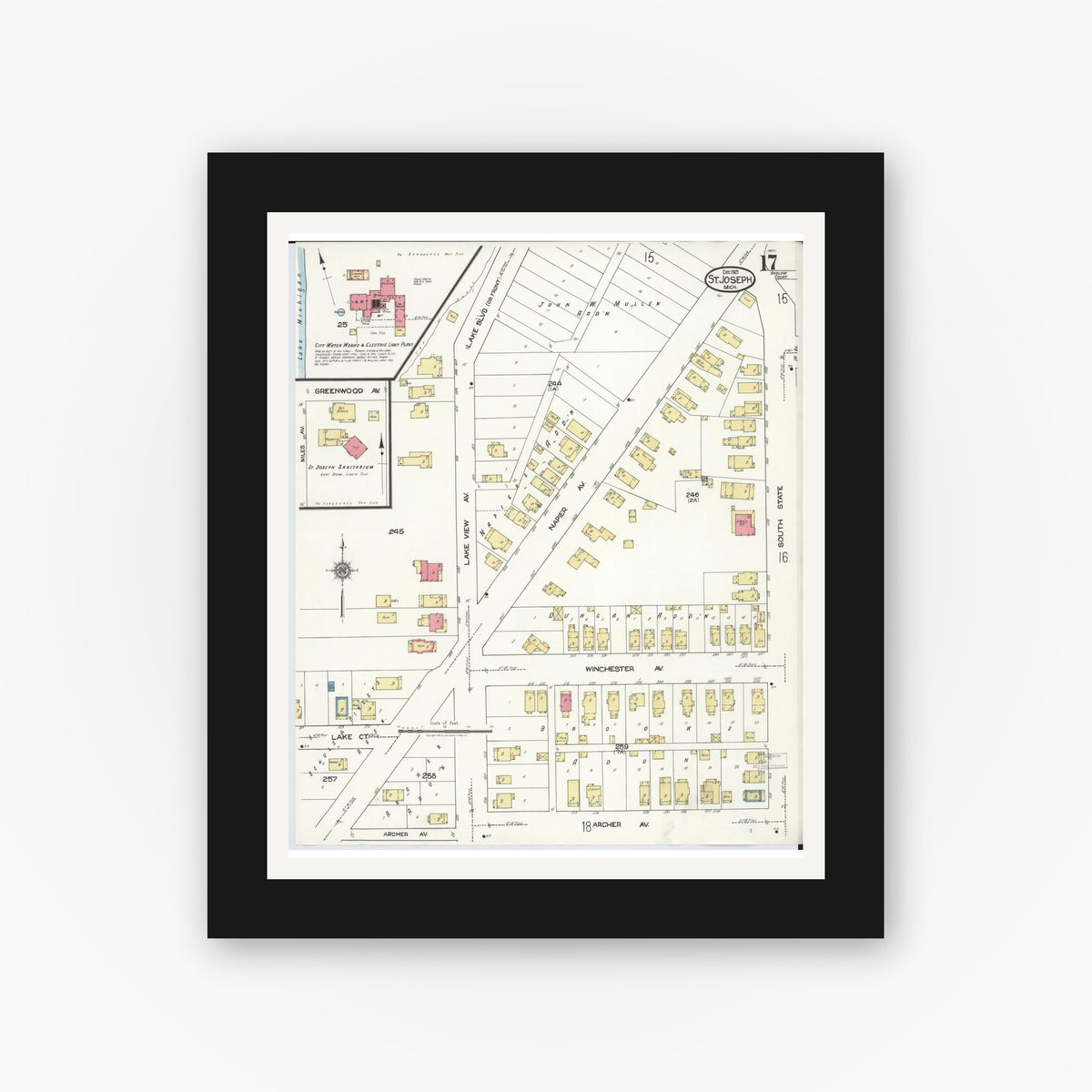 Old map wall art mockup — black gallery frame with white mat — Sanborn Fire Insurance Map from Saint Joseph, Berrien County, Michigan (1921), Sheet #0017