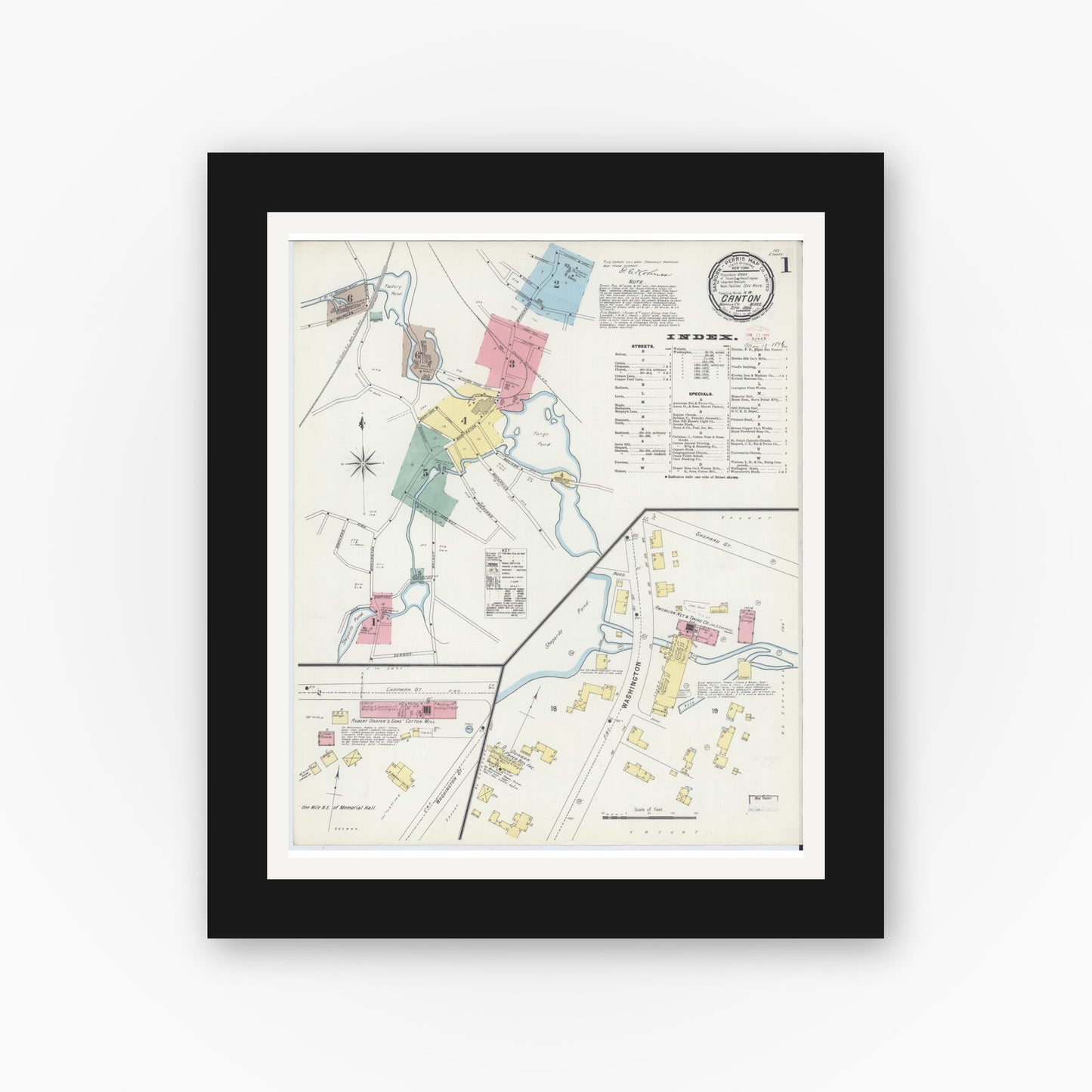 Old map wall art mockup — black gallery frame with white mat — Sanborn Fire Insurance Map from Canton, Norfolk County, Massachusetts (1896), Sheet #0001
