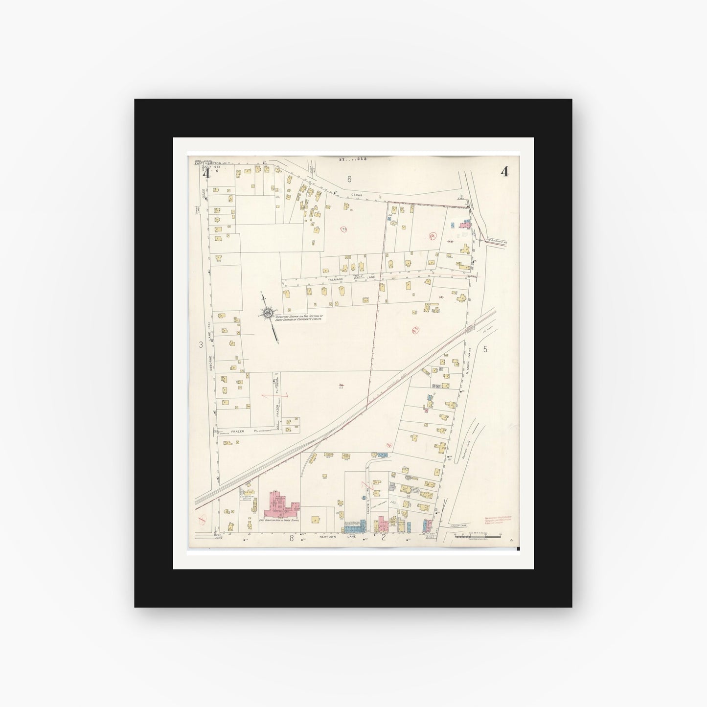 Old map wall art mockup — black gallery frame with white mat — Sanborn Fire Insurance Map from Easthampton, Suffolk County, New York (1943), Sheet #0004