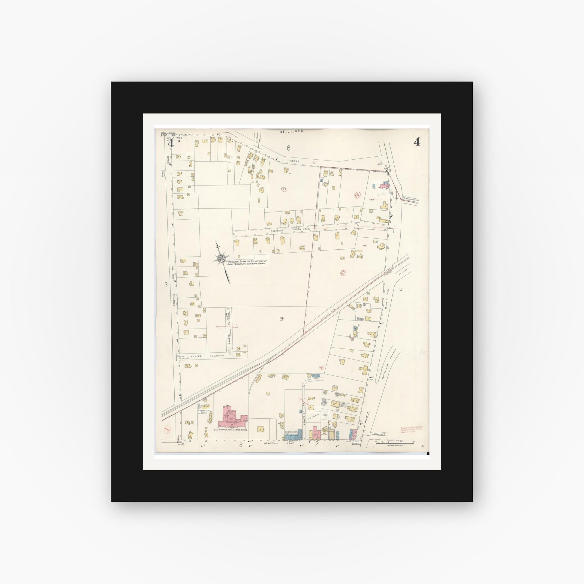 Old map wall art mockup — black gallery frame with white mat — Sanborn Fire Insurance Map from Easthampton, Suffolk County, New York (1943), Sheet #0004