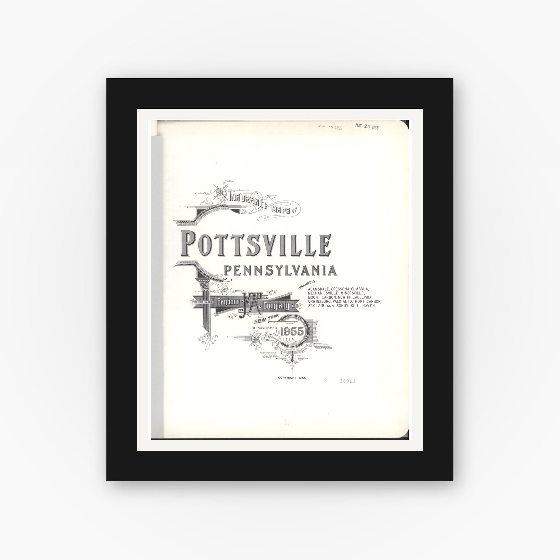Old map wall art mockup — black gallery frame with white mat — Sanborn Fire Insurance Map from Pottsville, Schuylkill County, Pennsylvania (1955), Sheet #0001