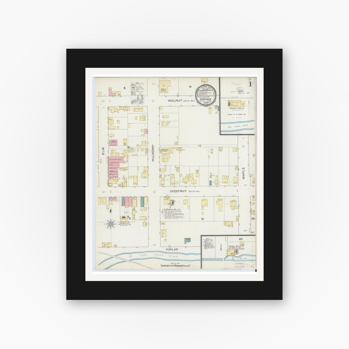 Old map wall art mockup — black gallery frame with white mat — Sanborn Fire Insurance Map from Corydon, Harrison County, Indiana (1894), Sheet #0001