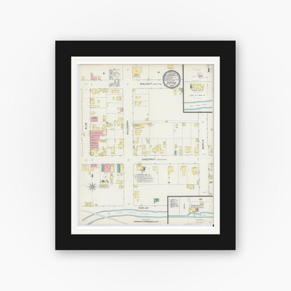 Old map wall art mockup — black gallery frame with white mat — Sanborn Fire Insurance Map from Corydon, Harrison County, Indiana (1894), Sheet #0001