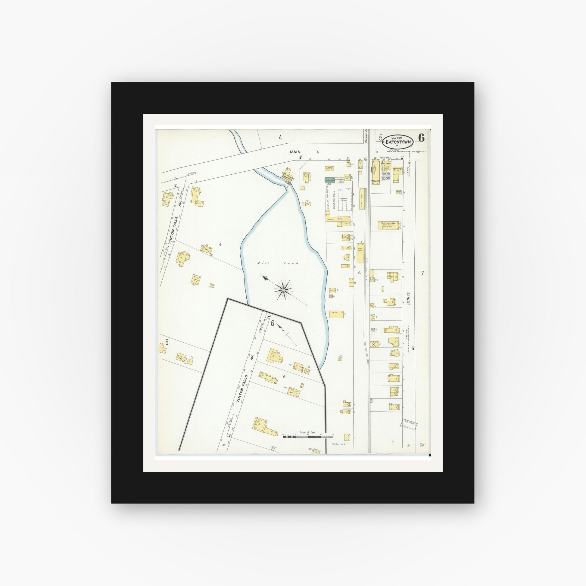 Old map wall art mockup — black gallery frame with white mat — Sanborn Fire Insurance Map from Eatontown, Monmouth County, New Jersey (1909), Sheet #0006