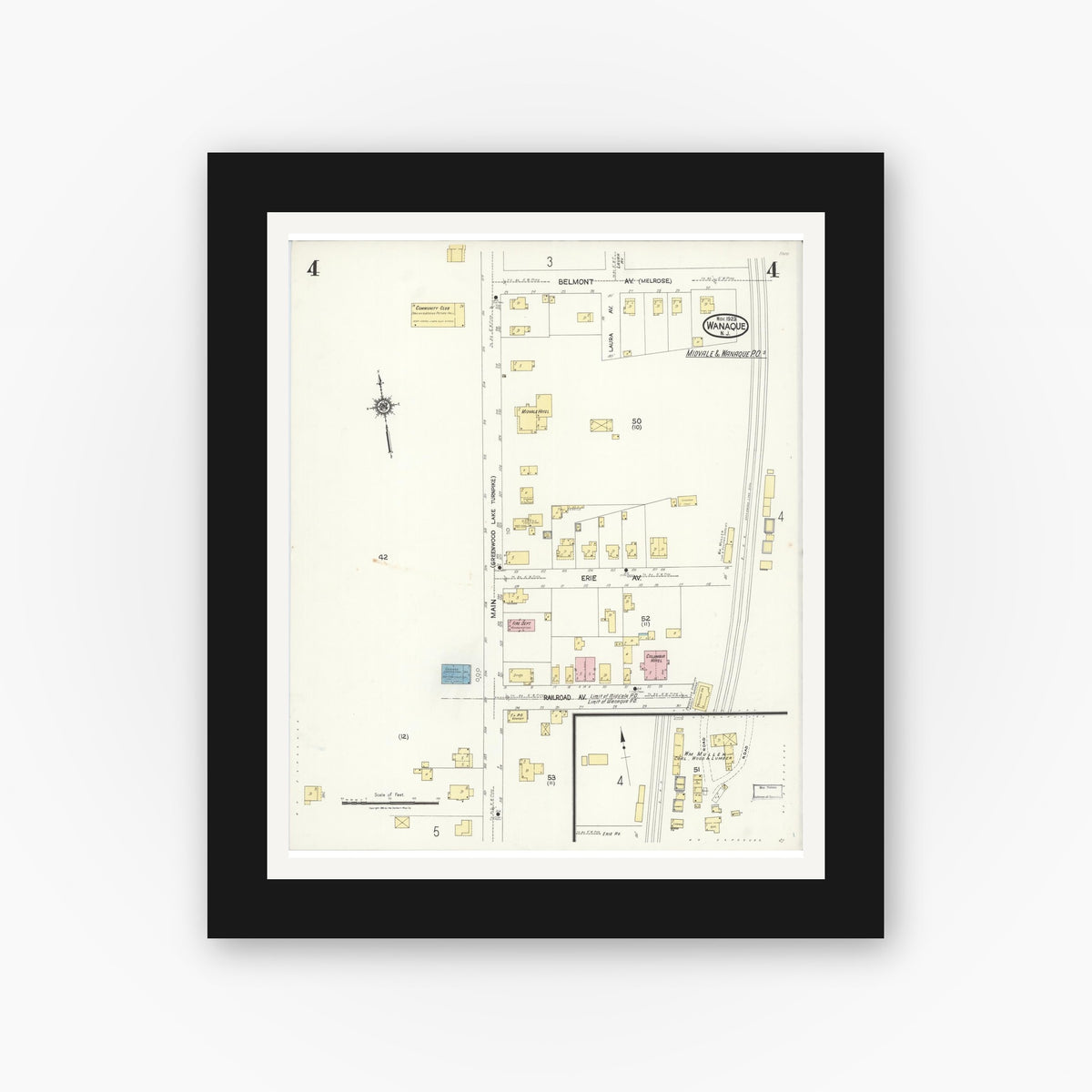 Old map wall art mockup — black gallery frame with white mat — Sanborn Fire Insurance Map from Wanaque, Passaic County, New Jersey (1923), Sheet #0004