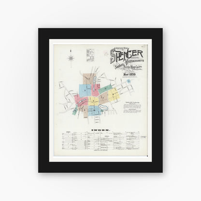 Old map wall art mockup — black gallery frame with white mat — Sanborn Fire Insurance Map from Spencer, Worcester County, Massachusetts (1896), Sheet #0001
