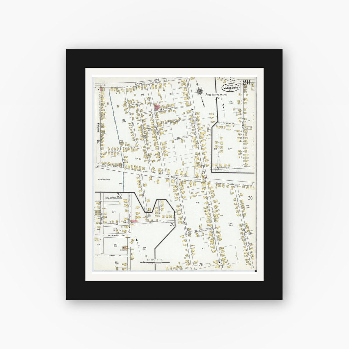 Old map wall art mockup — black gallery frame with white mat — Sanborn Fire Insurance Map from Goldsboro, Wayne County, North Carolina (1918), Sheet #0020