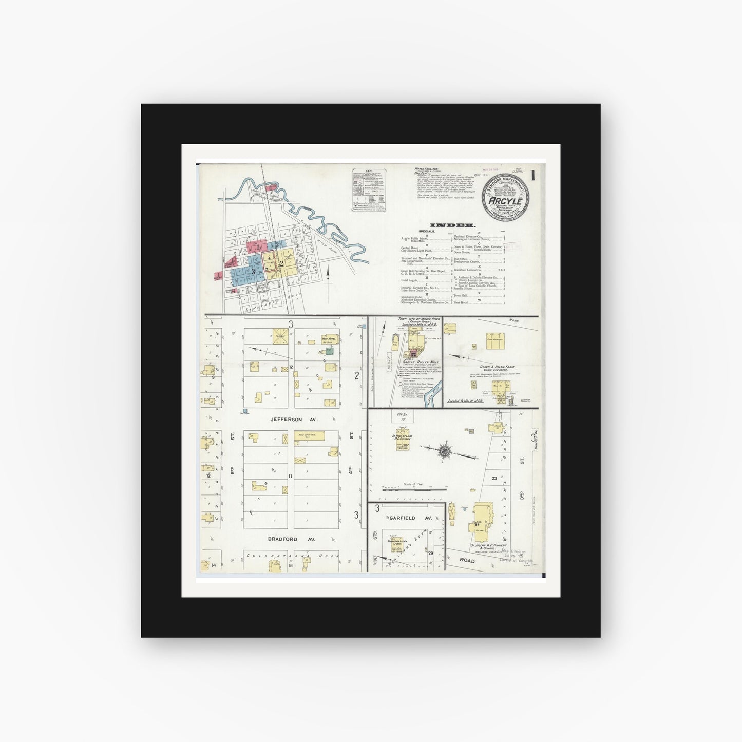 Old map wall art mockup — black gallery frame with white mat — Sanborn Fire Insurance Map from Argyle, Marshall County, Minnesota (1909) - Complete Map Set