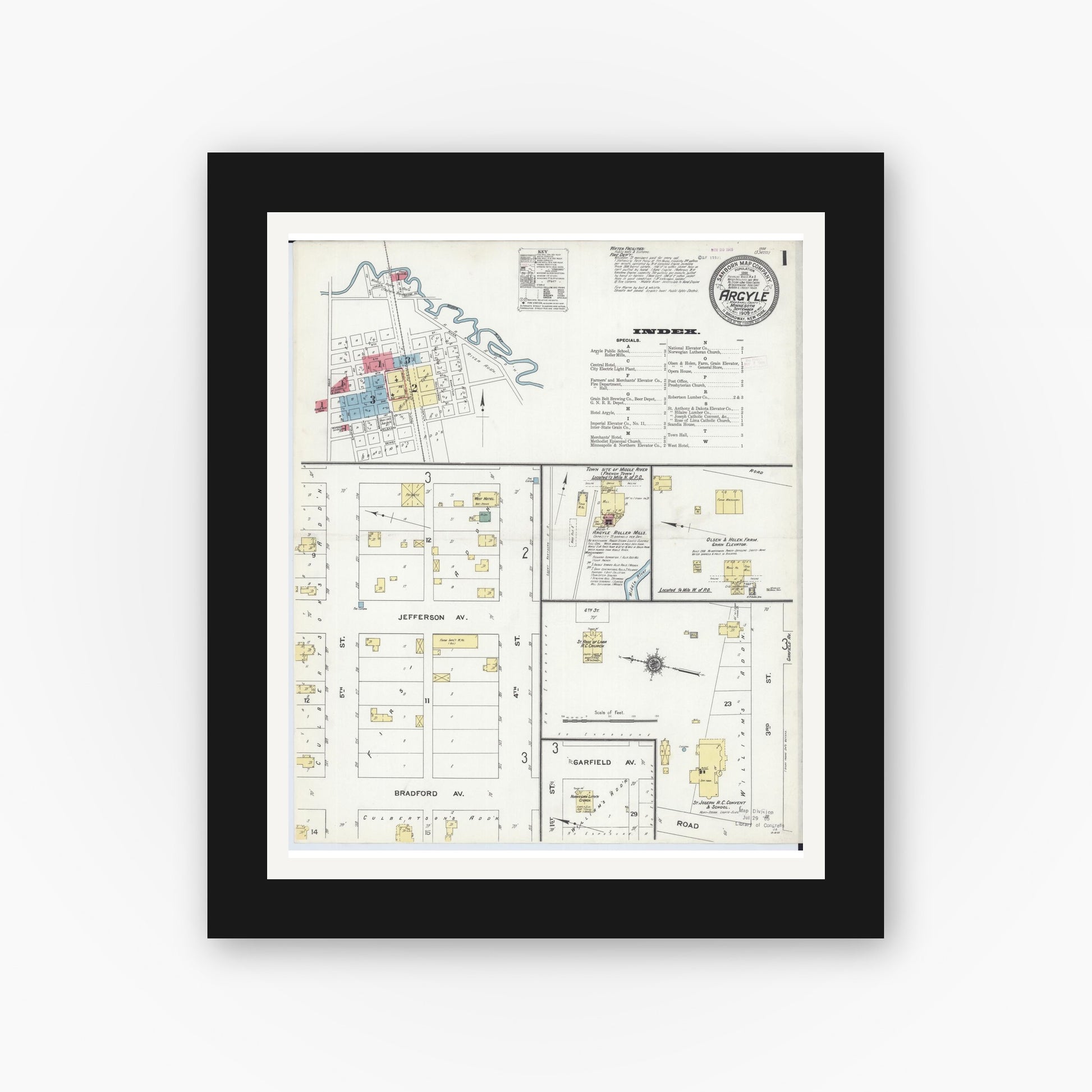 Old map wall art mockup — black gallery frame with white mat — Sanborn Fire Insurance Map from Argyle, Marshall County, Minnesota (1909) - Complete Map Set