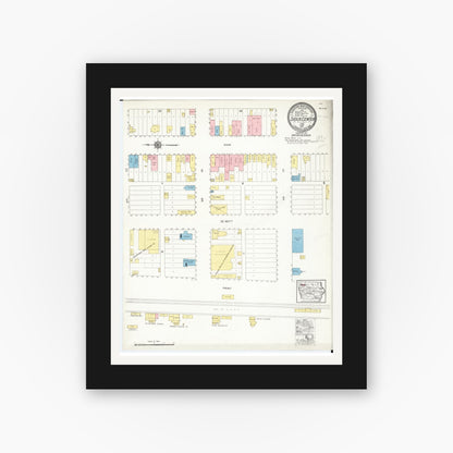 Old map wall art mockup — black gallery frame with white mat — Sanborn Fire Insurance Map from Sioux Center, Sioux County, Iowa (1917), Sheet #0001