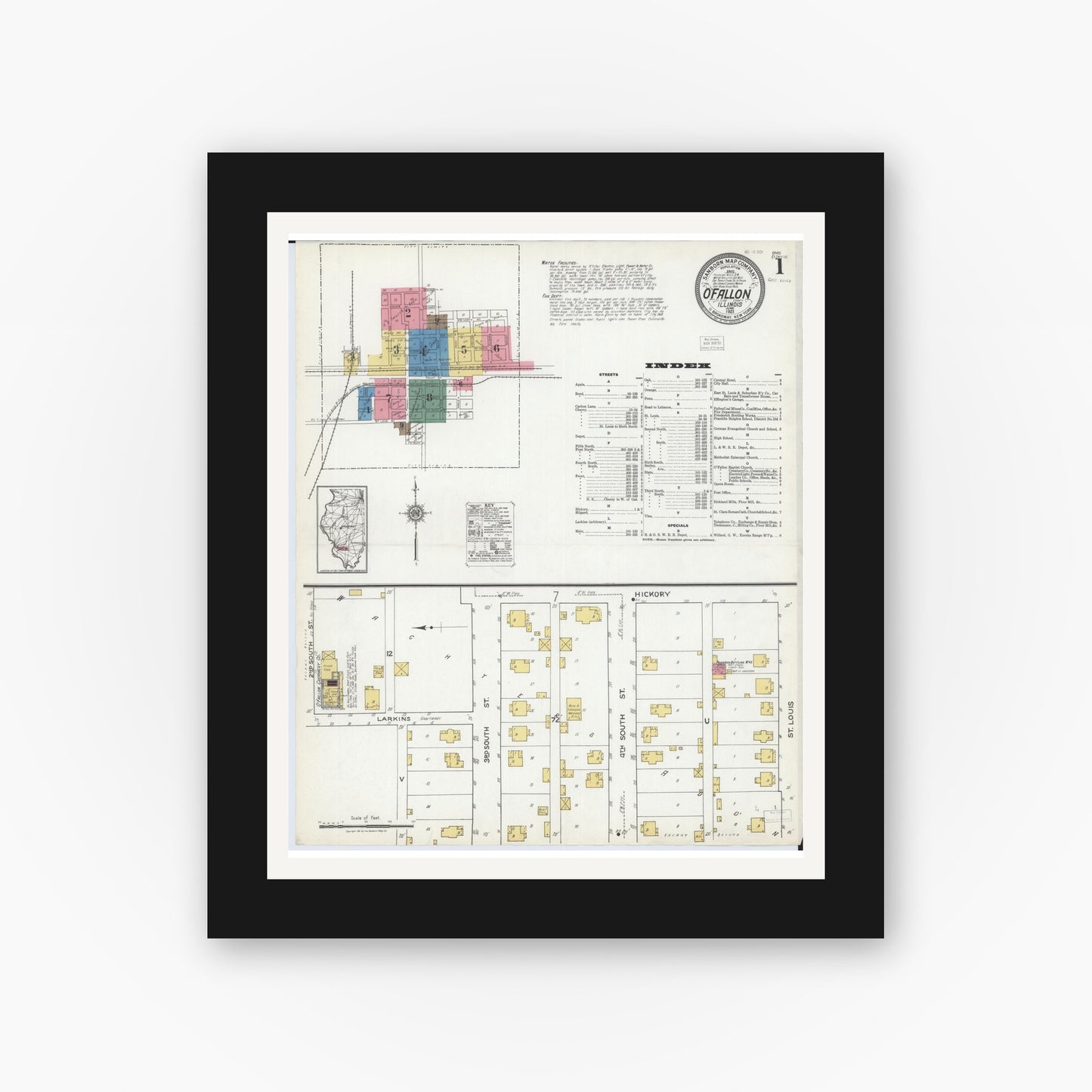Old map wall art mockup — black gallery frame with white mat — Sanborn Fire Insurance Map from O'Fallon, Saint Clair County, Illinois (1921) - Complete Map Set