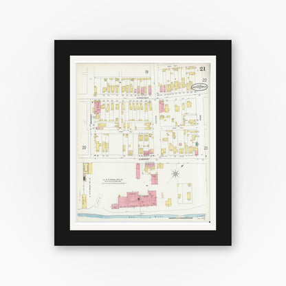 Old map wall art mockup — black gallery frame with white mat — Sanborn Fire Insurance Map from Jeffersonville, Clark County, Indiana (1898), Sheet #0021