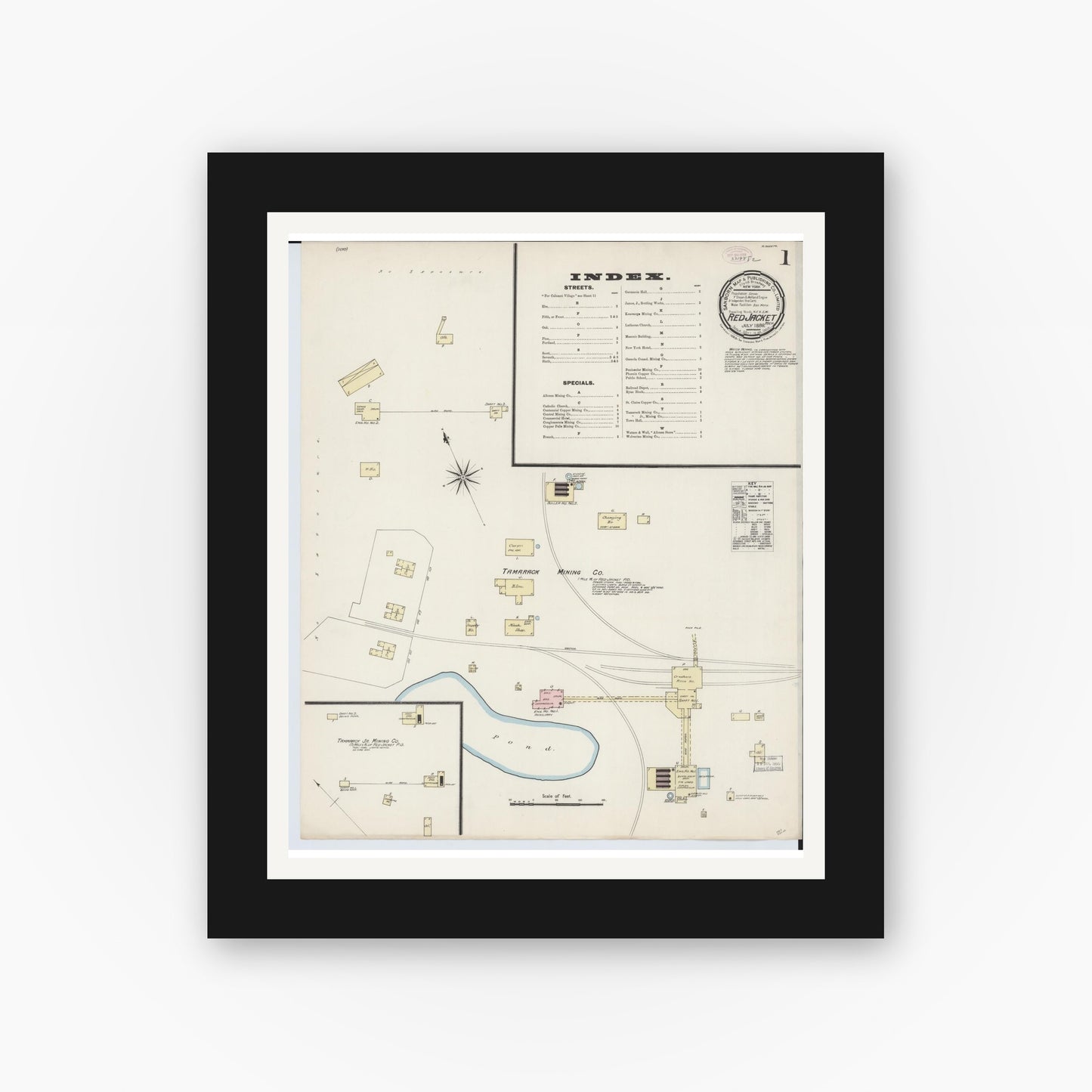 Old map wall art mockup — black gallery frame with white mat — Sanborn Fire Insurance Map from Red Jacket, Houghton County, Michigan (1888) - Complete Map Set