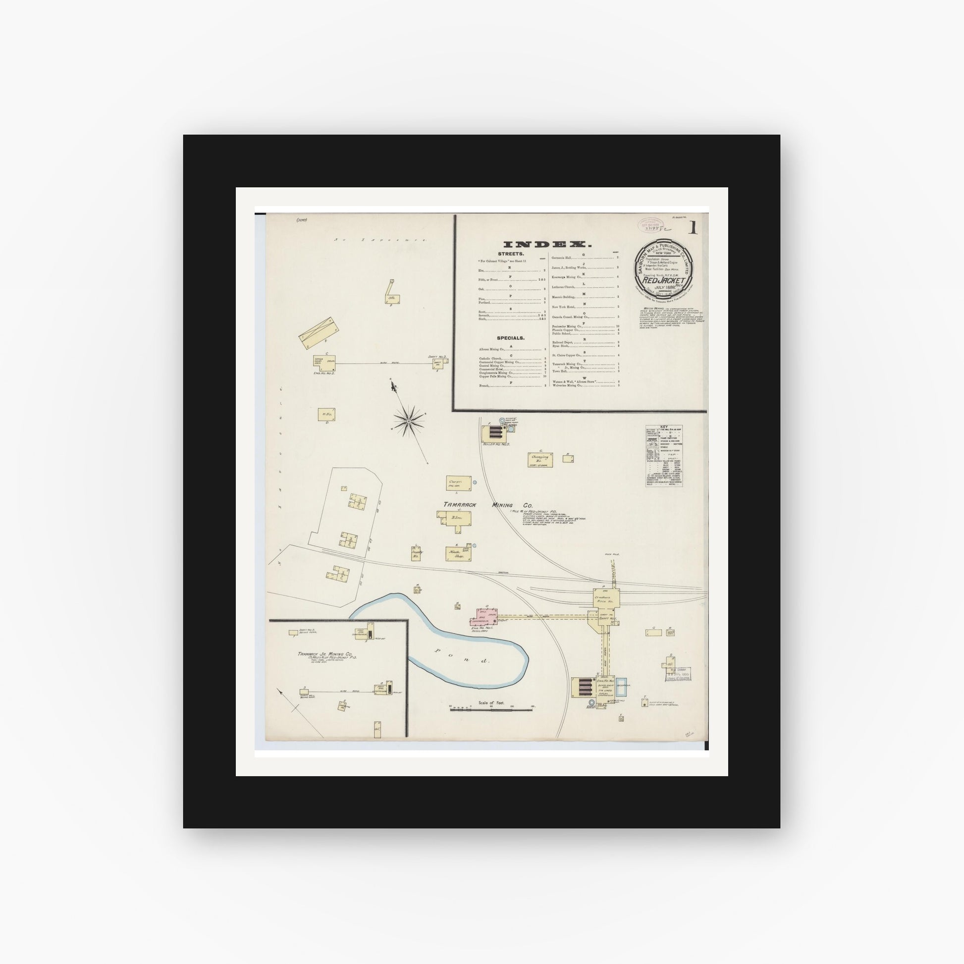 Old map wall art mockup — black gallery frame with white mat — Sanborn Fire Insurance Map from Red Jacket, Houghton County, Michigan (1888) - Complete Map Set