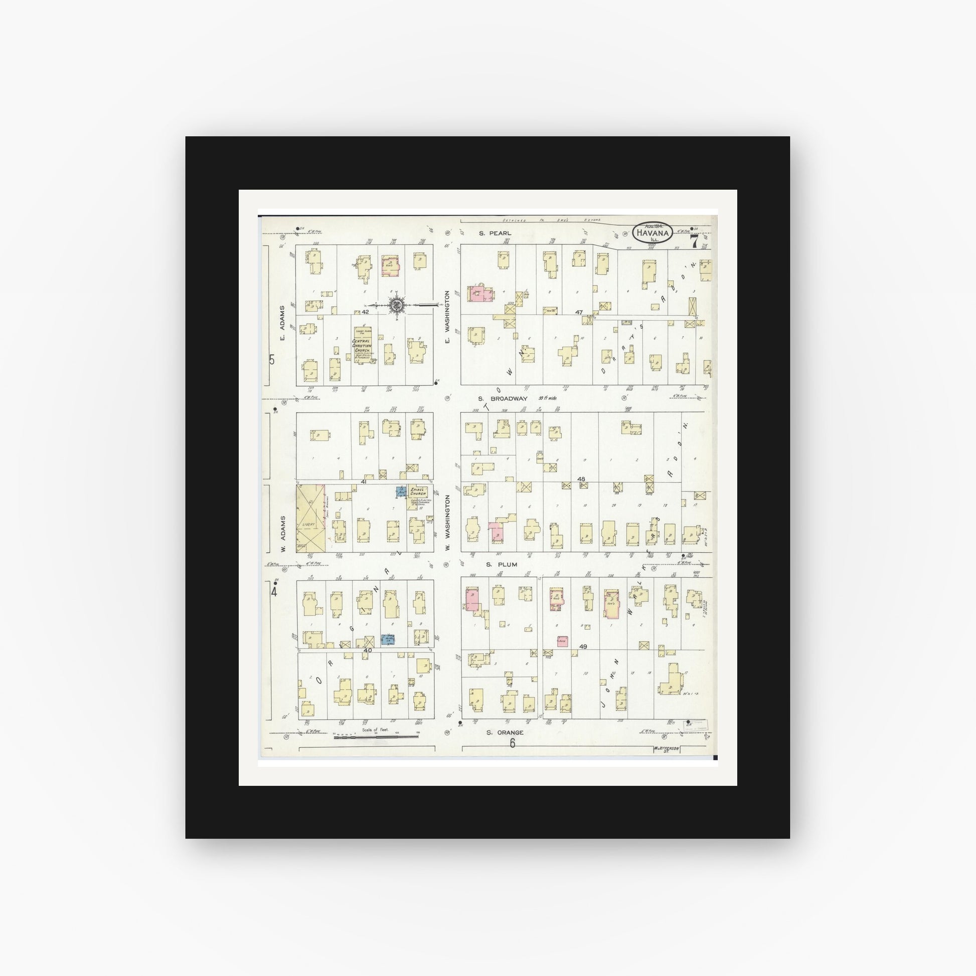 Old map wall art mockup — black gallery frame with white mat — Sanborn Fire Insurance Map from Havana, Mason County, Illinois (1914), Sheet #0007