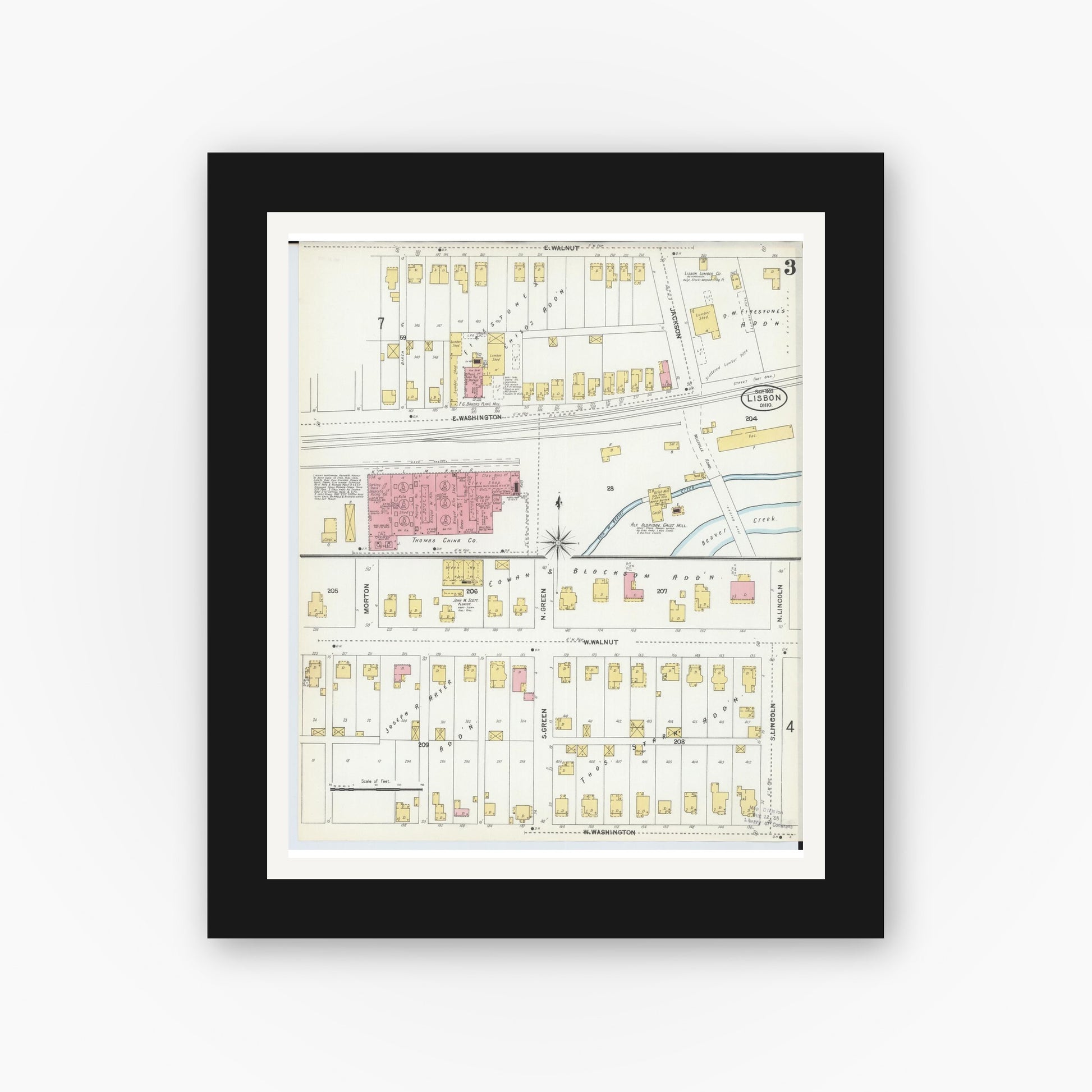 Old map wall art mockup — black gallery frame with white mat — Sanborn Fire Insurance Map from Lisbon, Columbiana County, Ohio (1903), Sheet #0003