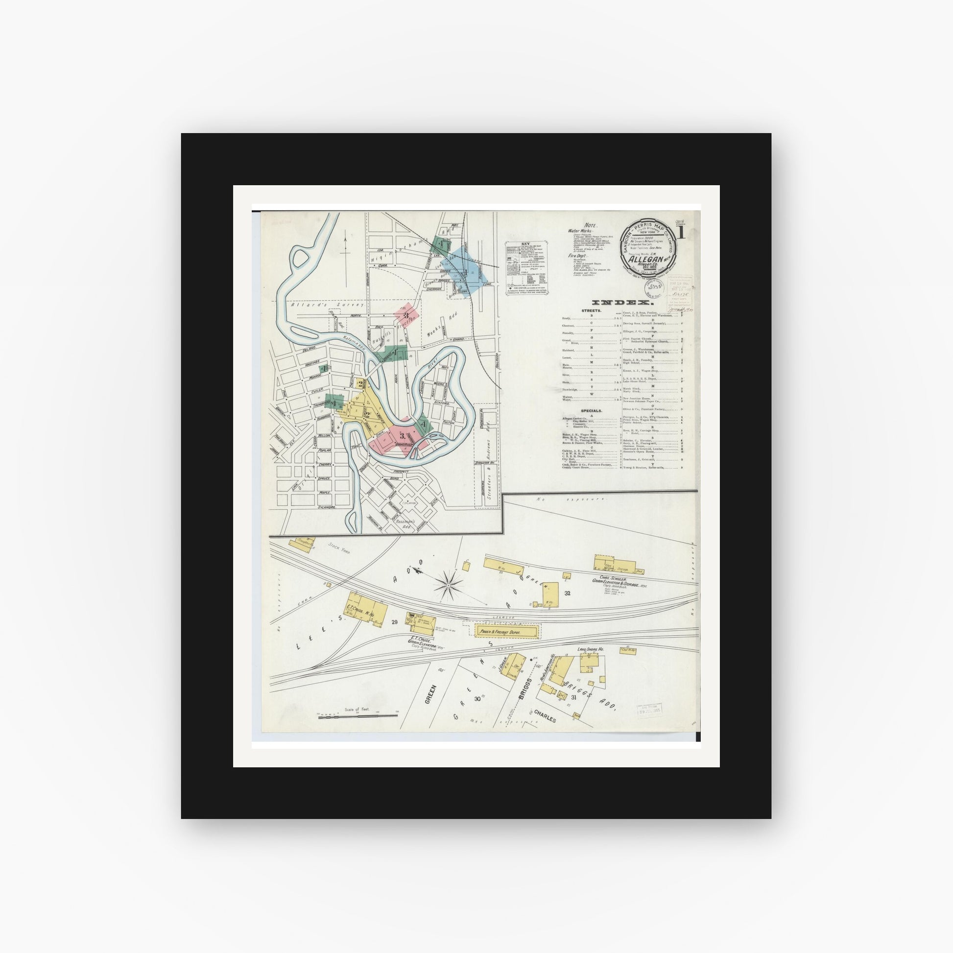 Old map wall art mockup — black gallery frame with white mat — Sanborn Fire Insurance Map from Allegan, Allegan County, Michigan (1899), Sheet #0001