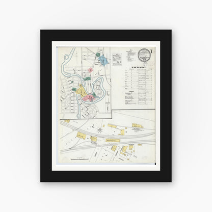 Old map wall art mockup — black gallery frame with white mat — Sanborn Fire Insurance Map from Allegan, Allegan County, Michigan (1899), Sheet #0001