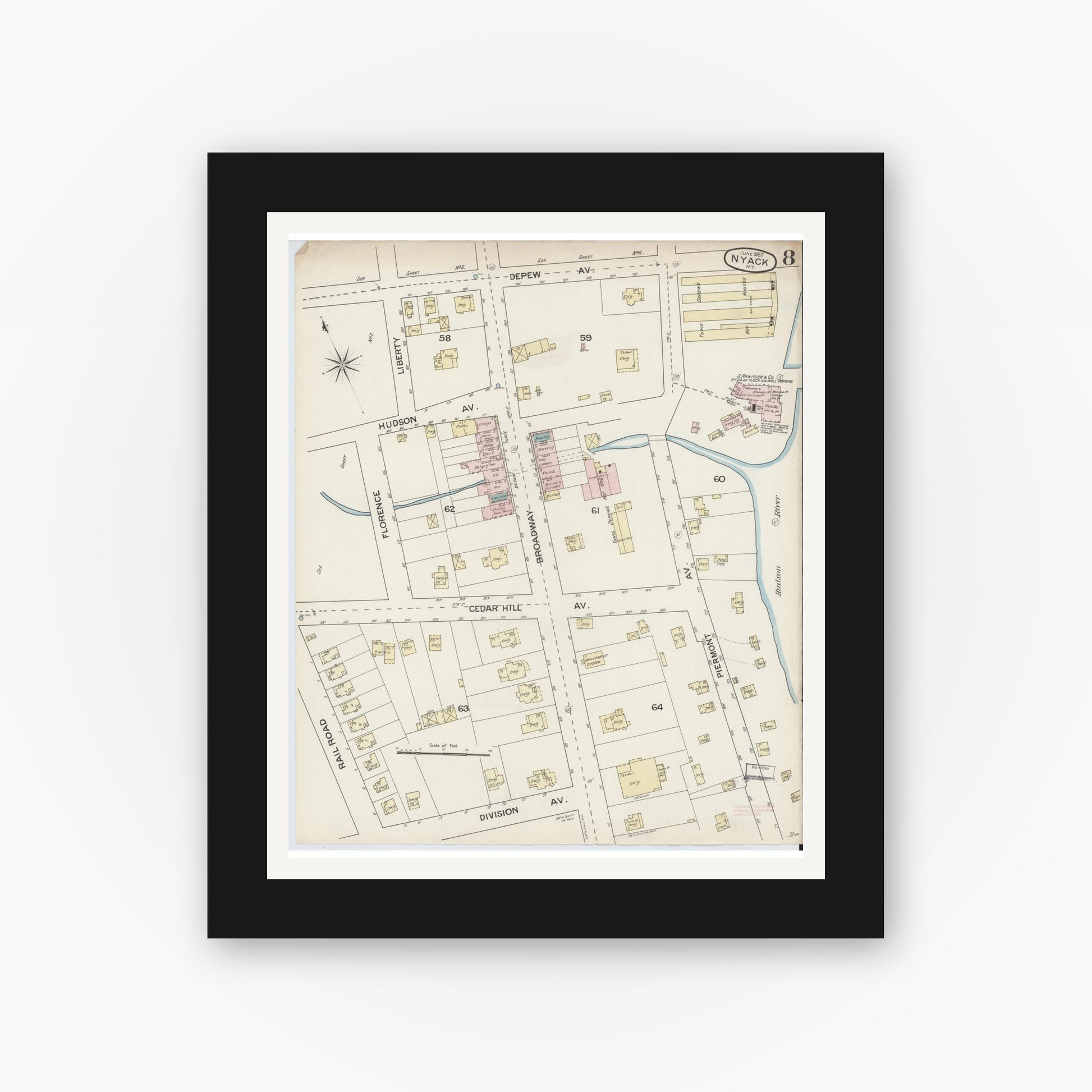 Old map wall art mockup — black gallery frame with white mat — Sanborn Fire Insurance Map from Nyack, Rockland County, New York. (1887), Sheet #0008