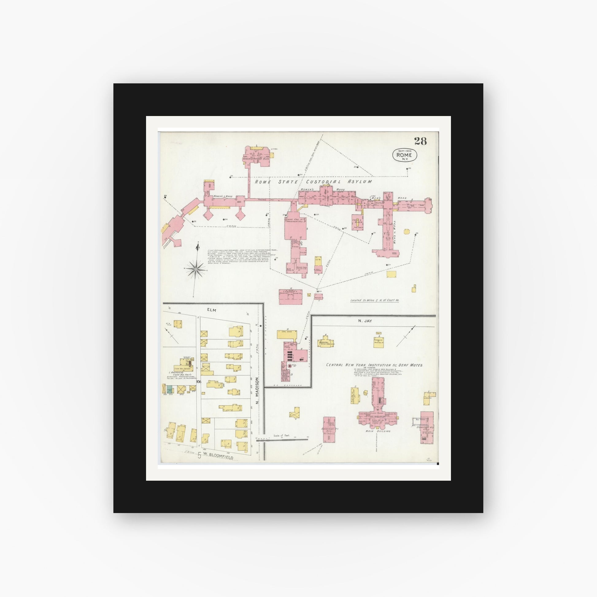 Old map wall art mockup — black gallery frame with white mat — Sanborn Fire Insurance Map from Rome, Oneida County, New York (1904), Sheet #0028