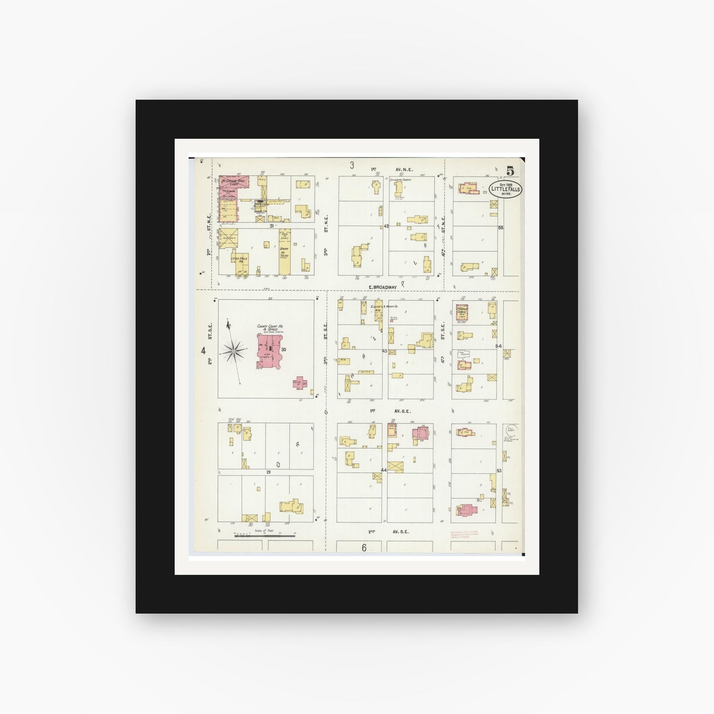 Old map wall art mockup — black gallery frame with white mat — Sanborn Fire Insurance Map from Little Falls, Morrison County, Minnesota (1902), Sheet #0005