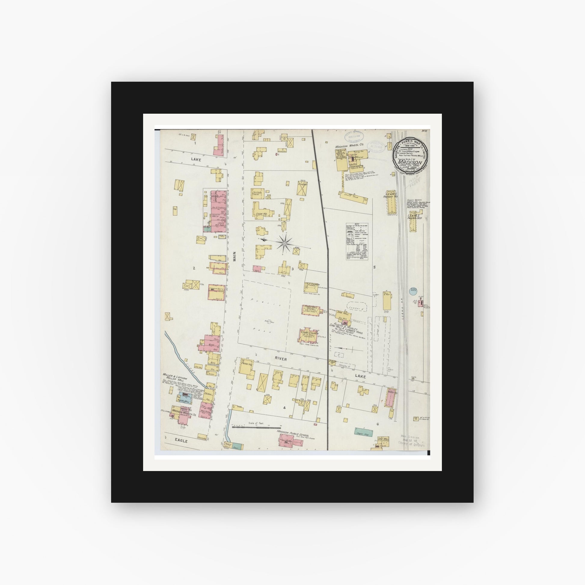 Old map wall art mockup — black gallery frame with white mat — Sanborn Fire Insurance Map from Madison, Lake County, Ohio (1898), Sheet #0001