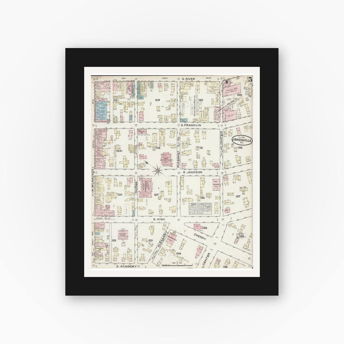 Old map wall art mockup — black gallery frame with white mat — Sanborn Fire Insurance Map from Janesville, Rock County, Wisconsin (1884), Sheet #0005