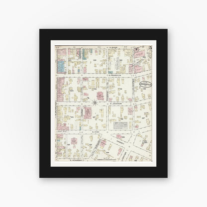 Old map wall art mockup — black gallery frame with white mat — Sanborn Fire Insurance Map from Janesville, Rock County, Wisconsin (1884), Sheet #0005