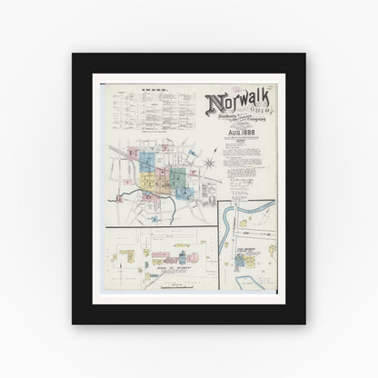 Old map wall art mockup — black gallery frame with white mat — Sanborn Fire Insurance Map from Norwalk, Huron County, Ohio (1888) - Complete Map Set