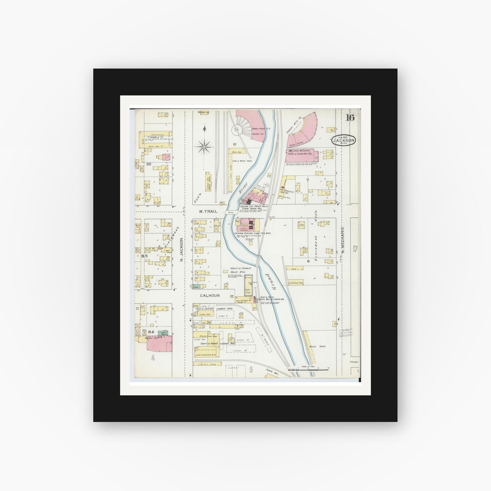 Old map wall art mockup — black gallery frame with white mat — Sanborn Fire Insurance Map from Jackson, Jackson County, Michigan (1893), Sheet #0016