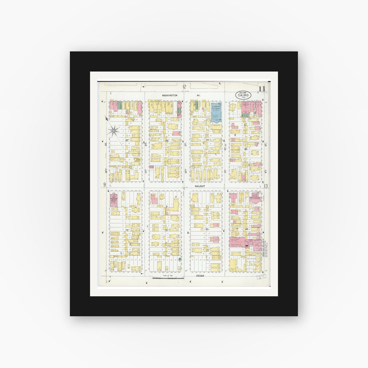 Old map wall art mockup — black gallery frame with white mat — Sanborn Fire Insurance Map from Cairo, Alexander County, Illinois (1901), Sheet #0011