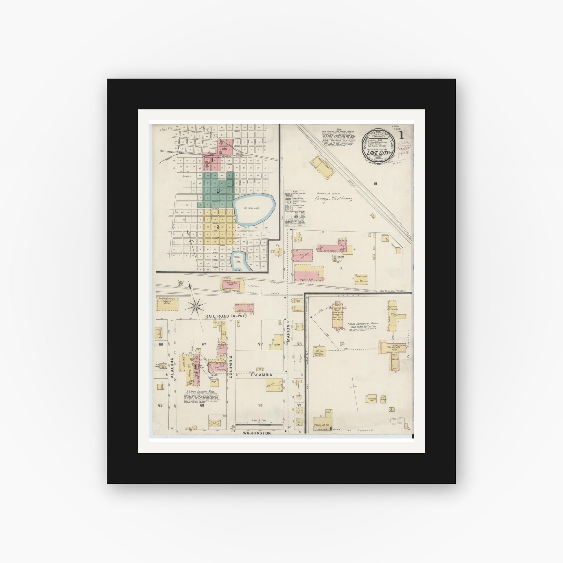 Old map wall art mockup — black gallery frame with white mat — Sanborn Fire Insurance Map from Lake City, Columbia County, Florida (1895), Sheet #0001