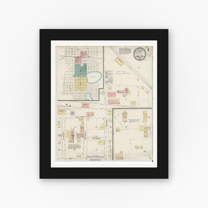 Old map wall art mockup — black gallery frame with white mat — Sanborn Fire Insurance Map from Lake City, Columbia County, Florida (1895), Sheet #0001