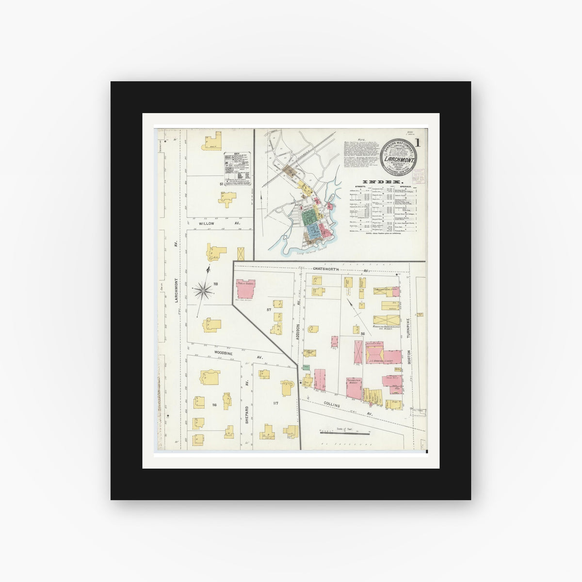 Old map wall art mockup — black gallery frame with white mat — Sanborn Fire Insurance Map from Larchmont, Westchester County, New York (1904) - Complete Map Set