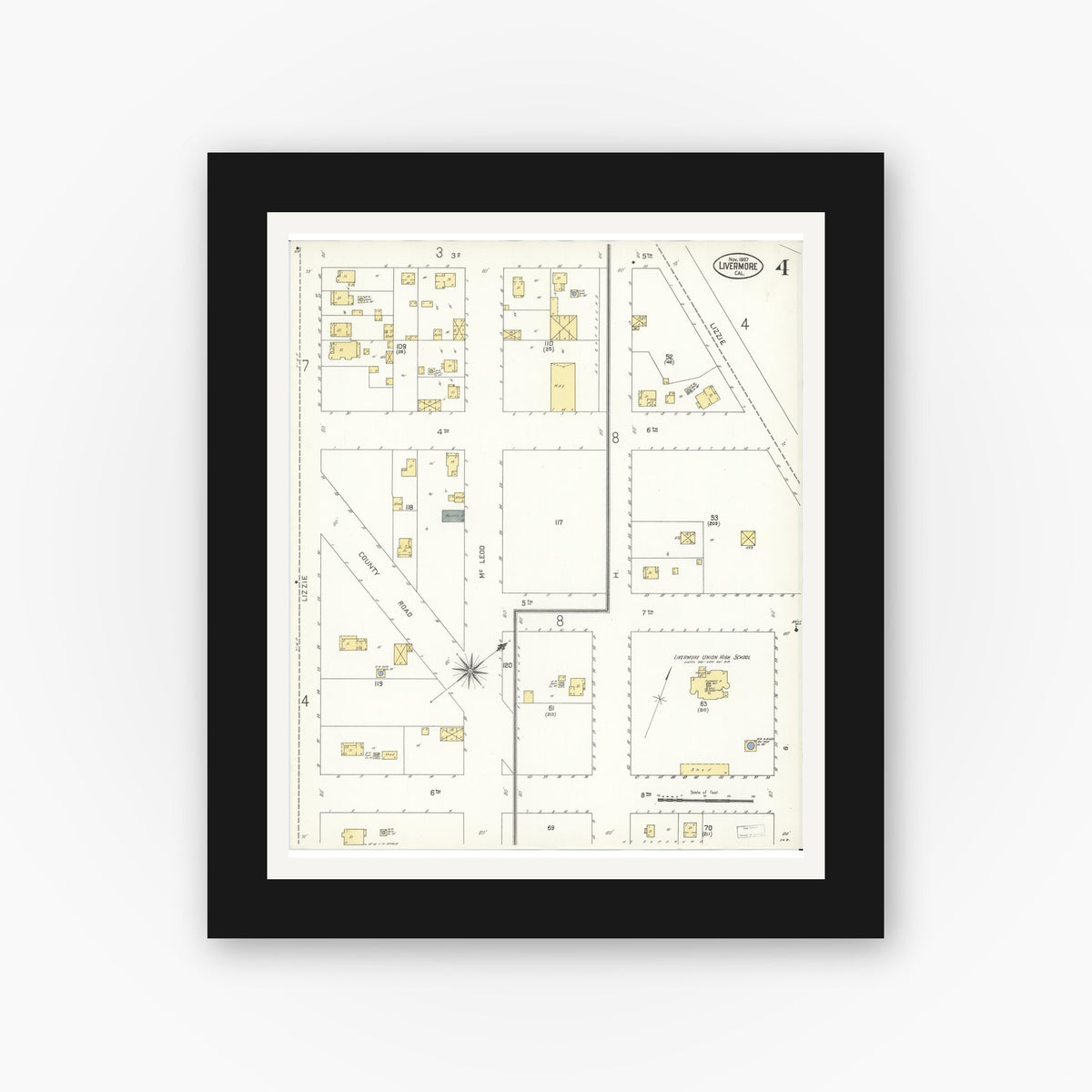 Old map wall art mockup — black gallery frame with white mat — Sanborn Fire Insurance Map from Livermore, Alameda County, California (1907), Sheet #0004
