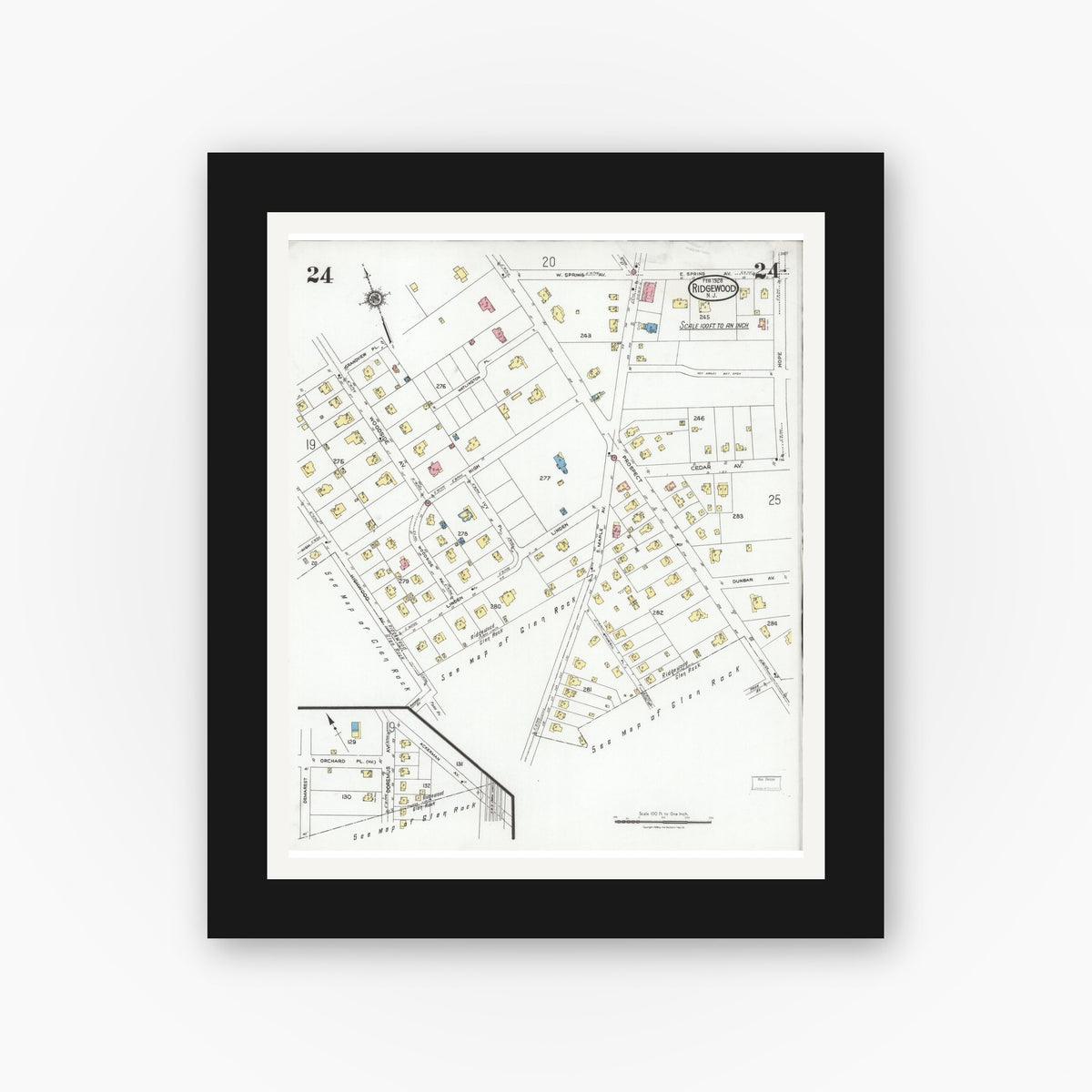 Old map wall art mockup — black gallery frame with white mat — Sanborn Fire Insurance Map from Ridgewood, Bergen County, New Jersey (1928), Sheet #0024