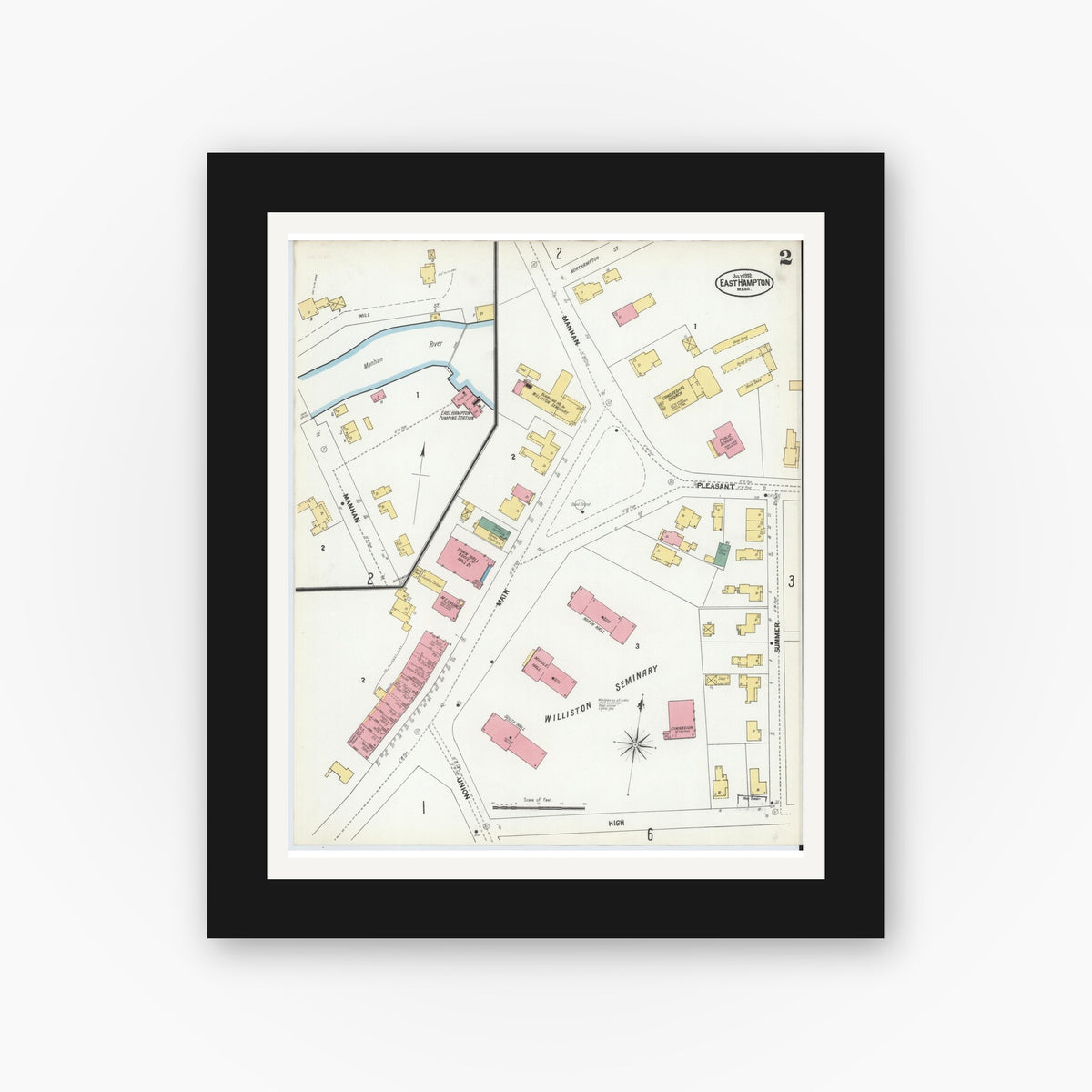 Old map wall art mockup — black gallery frame with white mat — Sanborn Fire Insurance Map from East Hampton, Hampshire County, Massachusetts (1902), Sheet #0002